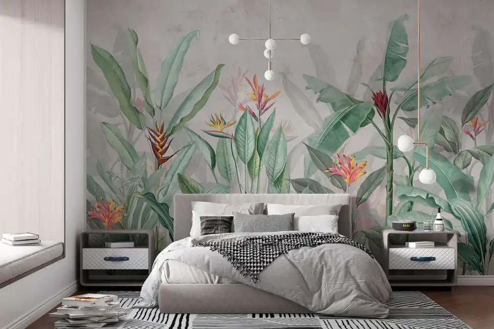 Preț promoțional Fototapet Frunze tropicale și flori pe un fundal ușor Nr. w01834v1
