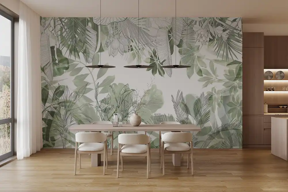 Disponibil imediat Fototapet Plante tropicale și frunze verzi imprimate în junglă pe un fundal alb Nr. w08823