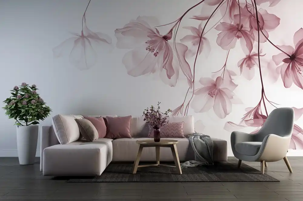 Fototapet Flori roz cu petale translucide agățate de o ramură, roz și alb, compoziție de artă modernă minimalistă Nr. w08911v2 Reducere de preț