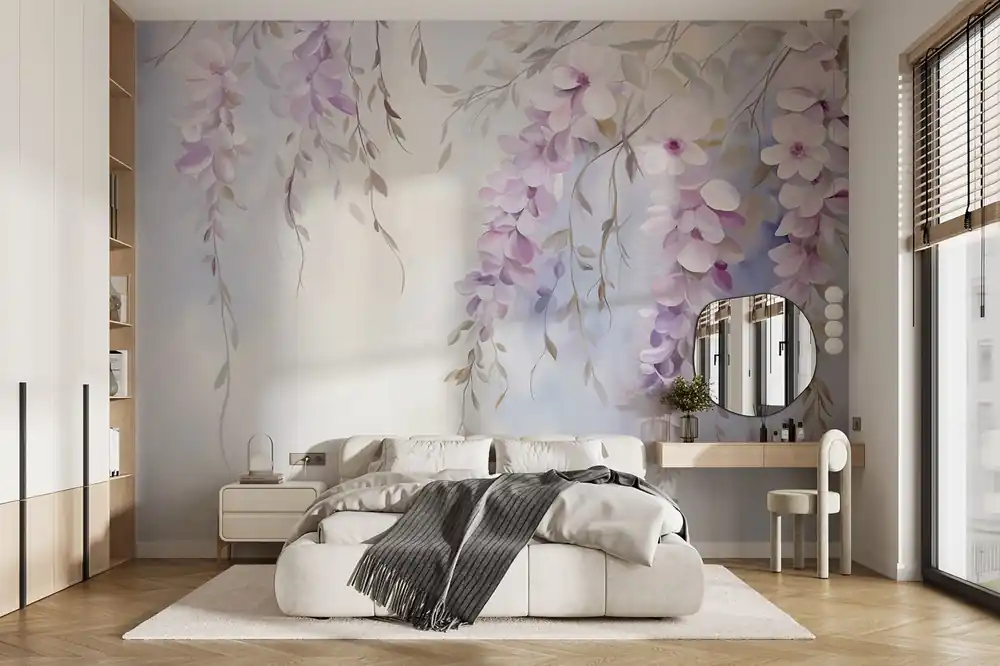 Lichidare de stoc Fototapet Wisteria flori cu petale liliac și frunze verzi agățat de ramuri, culori pastelate moi, fundal colorat pastel Nr. w09010