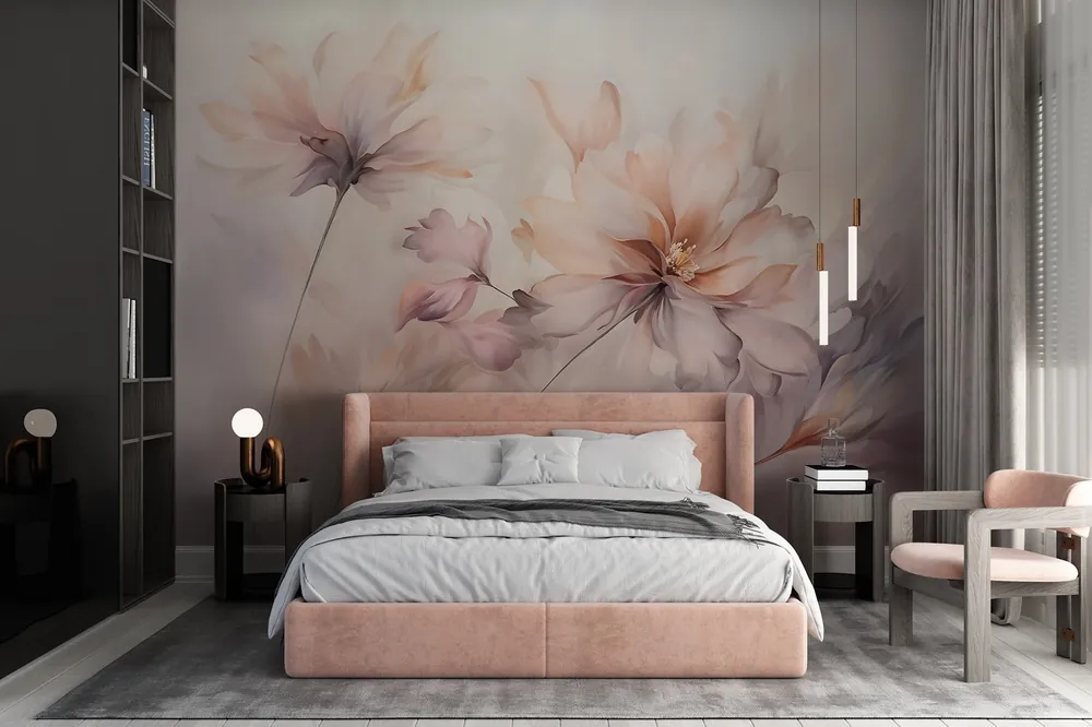Livrare rapidă Fototapet O artă florală delicată cu flori mari de culoare pastel cu petale translucide, tulpini moi și un fundal ușor difuz Nr. w09050