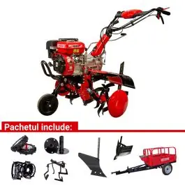 Disponibil imediat Motocultor H90 cu angrenaj fonta 82 kg 7 CP benzina 2+1 viteze cu roti cauciuc si pachet numarul 3 accesorii+prasitoare+remorca 400 kg ENERGO