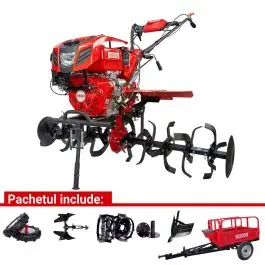 Motocultor H155E cu angrenaj fonta 173 kg 15 CP benzina 2+1 viteze cu roti cauciuc si metalice 5-12+rarita+plug reversibil mic+remorca 400kg ENERGO Reducere specială